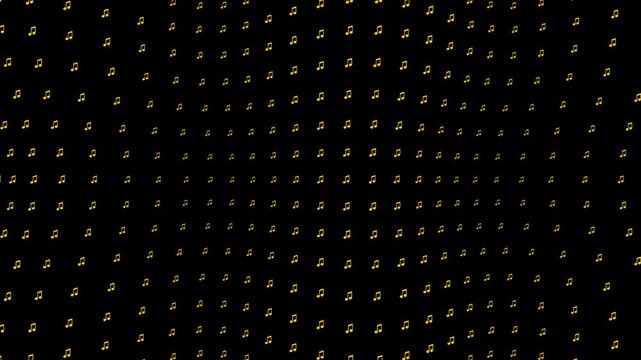 Abstract Yellow Gold Music Note Pattern on Black Background, Halftone Note Wave Surface, Flowing Musical Note Symbol Animation Motion Graphics Seamless Loop, 4K