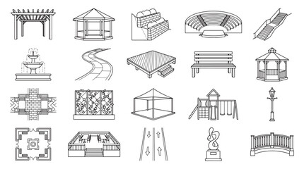 Fototapeta premium Collection of Park and Garden Structure Line Icons – Gazebo, Bench, Fountain, Playground, Bridge, Pavilion