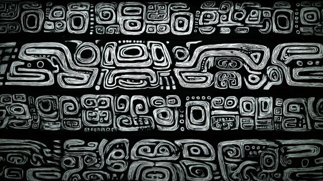 Maya Aztec civilization, Mexico culture. Mysterious, fantasy. A black and white, handdrawn, abstract representation of a complex, ornate pattern.