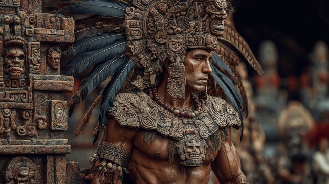 Maya Aztec civilization, Mexico culture. Mysterious, fantasy. A detailed, closeup portrait of an ancient Mayan warrior. The warrior wears intricately designed headdress with feathers and symbols.
