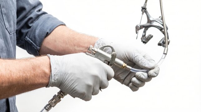 Bicycle mechanic wearing gloves using a specialized pneumatic syringe tool to bleed a hydraulic brake system