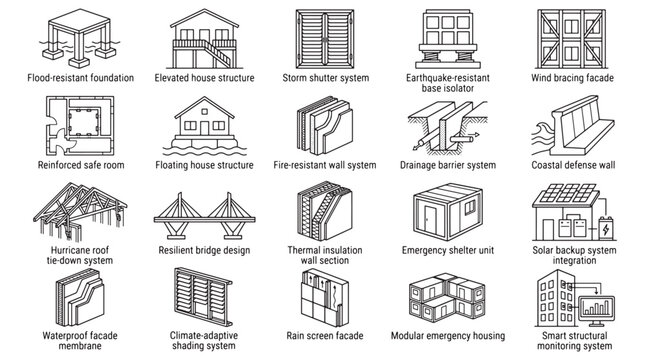 Icons Set of Resilient Building and Disaster-Resistant Infrastructure Designs for Flood Wind Fire Earthquake