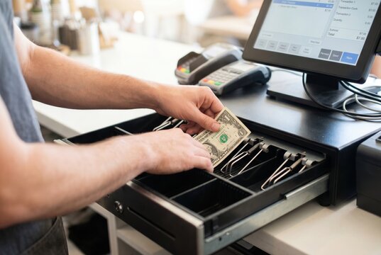 Cashier hands organizing money in an open black cash register drawer at a retail store counter