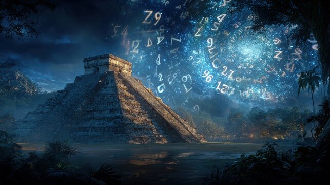 Maya Aztec civilization, Mexico culture. Mysterious, fantasy. A vivid, fantastical depiction of a Mayan pyramid set against a backdrop of a dense jungle.