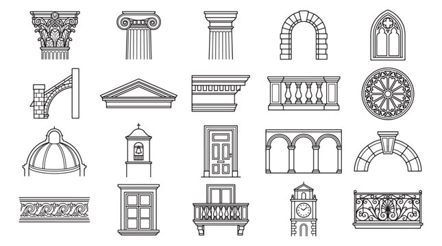 Architectural Elements Line Art Set Featuring Columns Arches Balconies Windows Domes and Ornaments