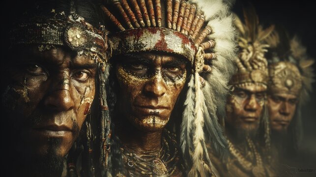 Maya Aztec civilization, Mexico culture. Mysterious, fantasy. A detailed digital artwork depicts a group of indigenous individuals wearing elaborate headdresses and jewelry.