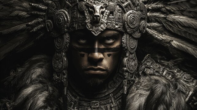 Maya Aztec civilization, Mexico culture. Mysterious, fantasy. A detailed, dark, and dramatic portrayal of a person wearing ornate, intricately designed headdress and clothing.
