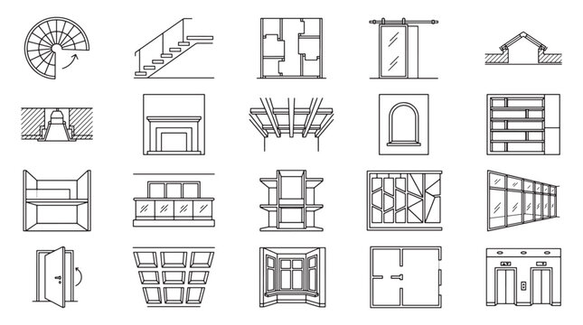 Architectural CAD Icons Set: Line Art Blueprint Icons for Windows, Doors, Stairs, Elevations and Floor Plans