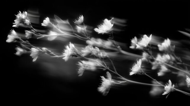 白い花の枝が動きのあるぼかしで写っているモノクロ写真。抽象的で幻想的な雰囲気のアート作品や背景素材に最適なイメージ