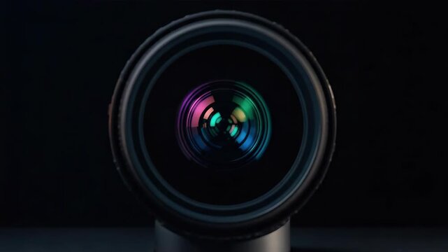 Colorful camera lens reflection with dark background creating moody aperture bokeh and vivid glass