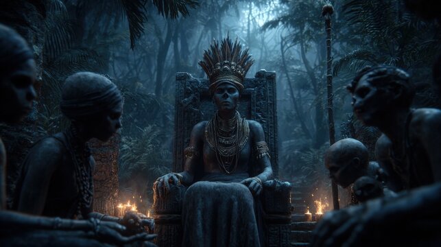 Maya Aztec civilization, Mexico culture. Mysterious, fantasy. A dark, atmospheric portrayal of a mystical setting. A central figure sits on a throne, adorned with a crown and multiple necklaces.