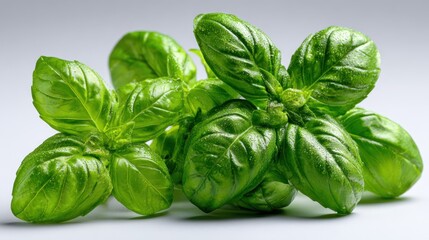 Obraz premium Fresh green basil leaves bunch on white background, aromatic herb for cooking and culinary use