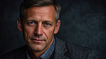 Obraz premium Close-up portrait of a mature man with blue eyes and graying hair wearing a suit jacket