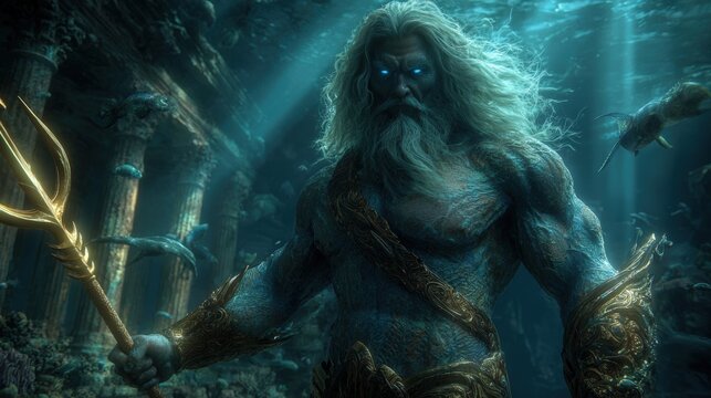 Greek mythology sea god Poseidon. Fantasy. A vivid portrayal of a mythical creature, likely a mermaid or aquaman, set against an underwater backdrop. The creature has a long.