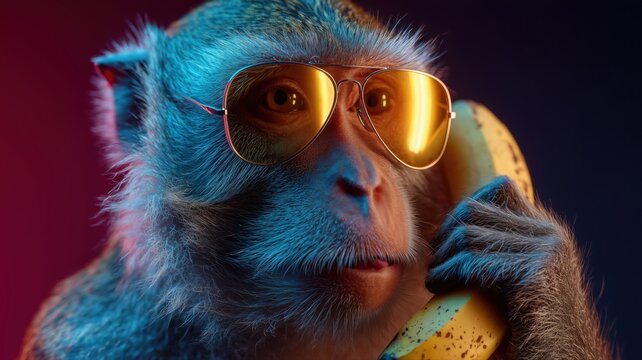 サングラスをかけたサルがバナナを電話のように持っている様子。ユーモラスな動物のコミカルなシーンや広告に適した表現
