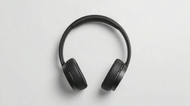 Black wireless over ear headphones hanging white wall with soft shadow minimalist modern design