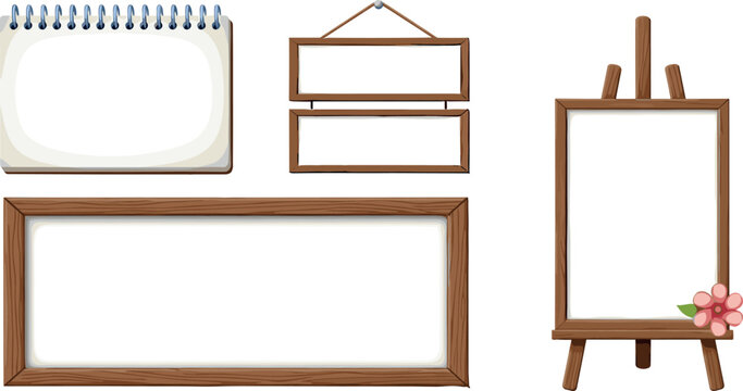 Wooden Frames and Boards Vector Set with Spiral Notebook, Hanging Signs, Large Rectangle Frame, and Easel Canvas with Flower Illustrations for Craft, Display, and Design Projects.