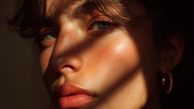 女性の顔のクローズアップ。自然光が当たるポートレート写真素材