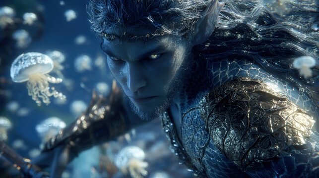 Fantasy, mysterious, wallpaper. A vivid portrayal of a male figure with a fierce expression, set against a backdrop of a serene underwater environment. The figures skin is a deep blue.