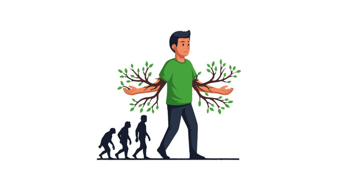 Man evolving with tree branches growing from his arms