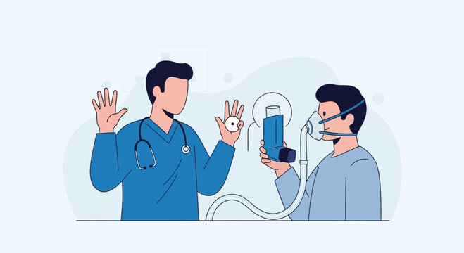 Doctor demonstrating inhaler use to patient with asthma, lung function test