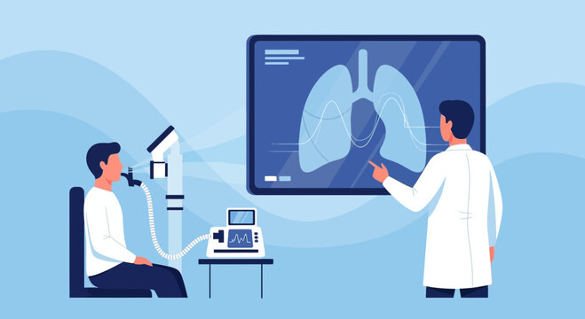 Doctor Explains Lung Function Test Results on Screen to Patient