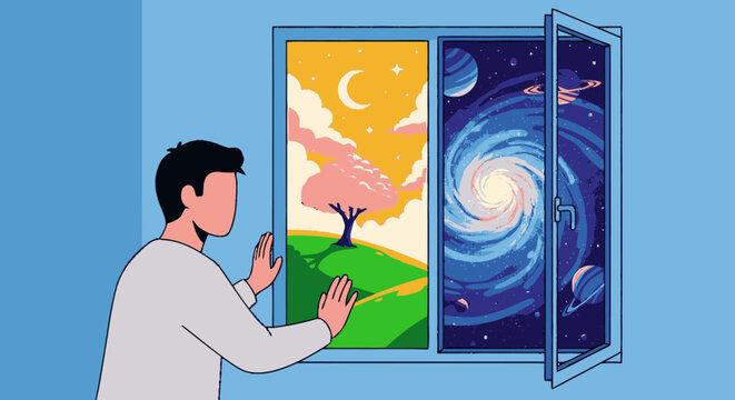 Man looking through window at surreal landscape and outer space
