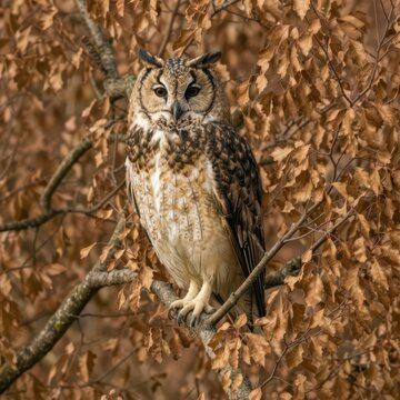 A long-eared owl perched on a branch is camouflaged by vibrant autumn leaves, its intricate feather patterns beautifully harmonizing with the earthy background
