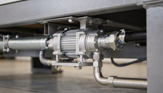 Medium shot of coolant pump installation beneath industrial machine frame highlighting detailed assembly of mechanical components and fluid connections.