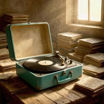A vintage record player sits on a wooden table, surrounded by stacks of records, as warm sunlight streams through a nearby window
