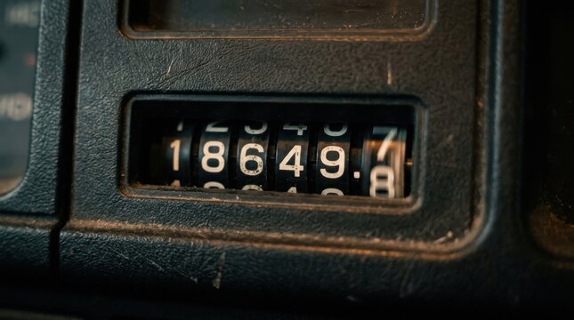 Close-up of a vintage cars odometer displaying mileage reading.
