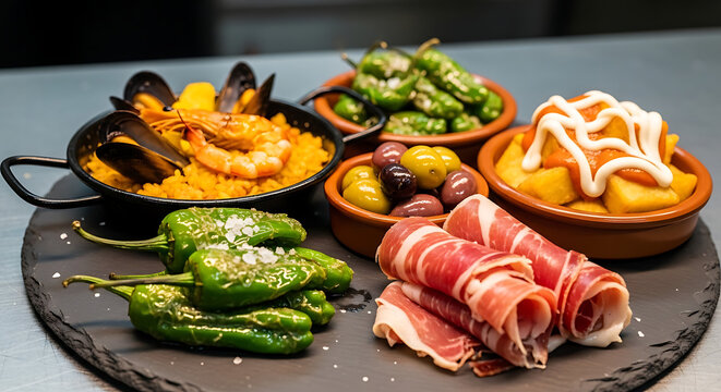 Tapas selection featuring spanish paella with shrimp and mussels, padron peppers, patatas bravas, and cured ham, arranged on a dark slate platter, ideal for food blogs and restaurant menus.