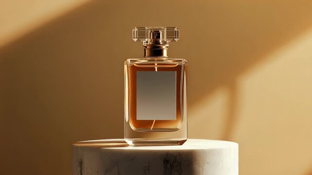 Golden elegant amber perfume bottle marble pedestal with warm dramatic studio lighting