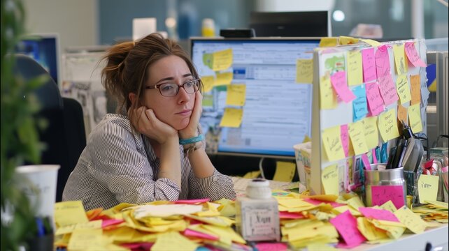 デスクに大量の付箋が貼られた女性が疲れた表情でパソコン画面を見つめている。オフィスの仕事やタスク管理のシーンに適した素材