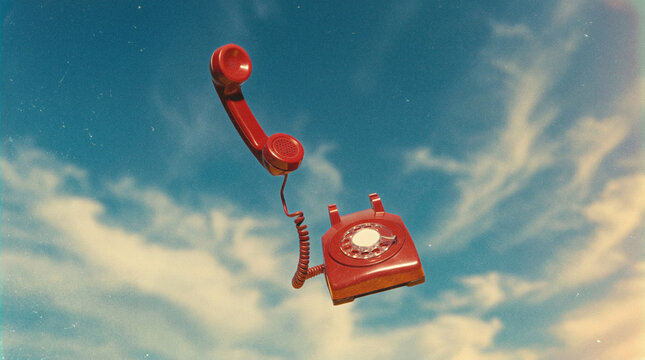 Floating red vintage rotary phone in blue sky with clouds surreal communication concept