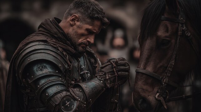 Europe medieval lifestyle. A dramatic portrayal of a man in medieval armor, standing close to a horse. The man, with a beard and slickedback hair.