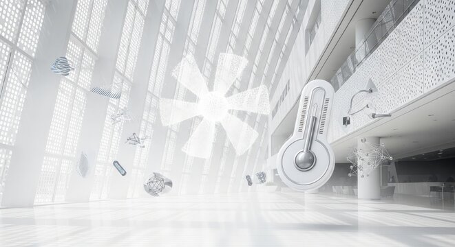 Futuristic Urban Cooling Hub with Holographic Fan and Ceramic Thermometer in High-End White Architecture