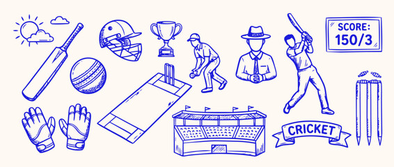 Cricket Game Elements: Hand-drawn illustrations capture the essence of cricket, including essential equipment, players, and the spirit of the sport. © Saiid-Designs