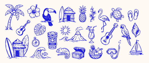 Exotic tropical elements sketch: A collection of captivating hand-drawn illustrations that transport you to a tropical paradise, featuring iconic elements of sun-kissed shores, lush greenery. © Saiid-Designs