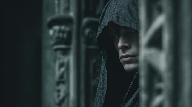 Europe medieval lifestyle. A moody, atmospheric portrait of a person in a hooded cloak, set against a dark, stonelike backdrop. The persons face is partially obscured by the hood.