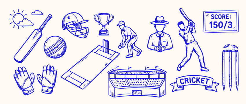 Cricket Game Elements: Hand-drawn illustrations capture the essence of cricket, including essential equipment, players, and the spirit of the sport.