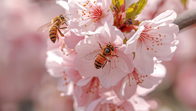 受粉するミツバチと桜の花が春の豊かさを伝える上品な自然表現