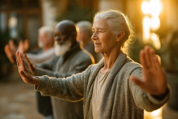 Fototapeta premium A group of elderly people practicing mindful meditation or Tai Chi, standing with eyes closed and arms outstretched in a peaceful, sunlit setting.