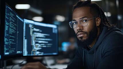 Fototapeta premium Focused Black man wearing glasses coding on multiple computer screens in a dark office
