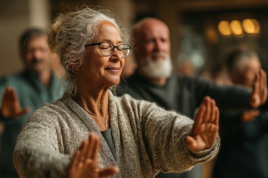 A group of elderly people practicing Tai Chi indoors, focusing on slow, mindful movements for balance and relaxation.