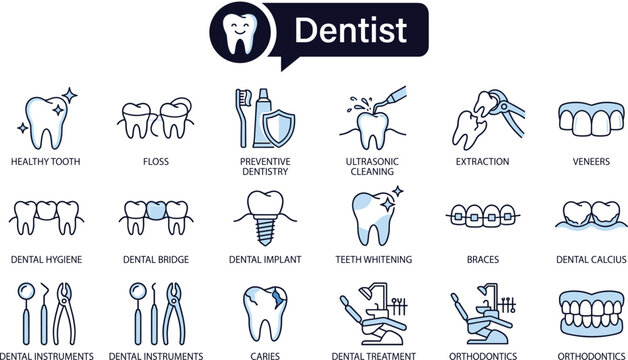 Dentist and dental care icons set with tooth hygiene treatment orthodontics tools flat vector illustration collection