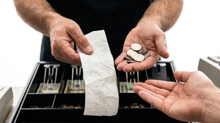 Fototapeta premium Cashier handing a paper receipt and metal coin change to a customer at a register