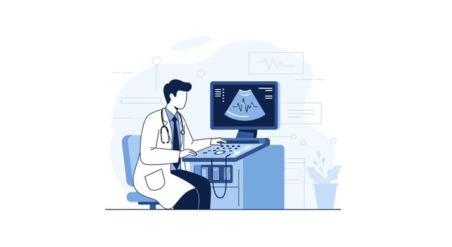 Doctor operating ultrasound machine, displaying fetal sonogram on screen, medical technology concept