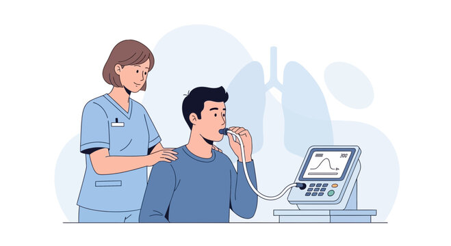Doctor performing lung function test on patient using spirometer for respiratory health check