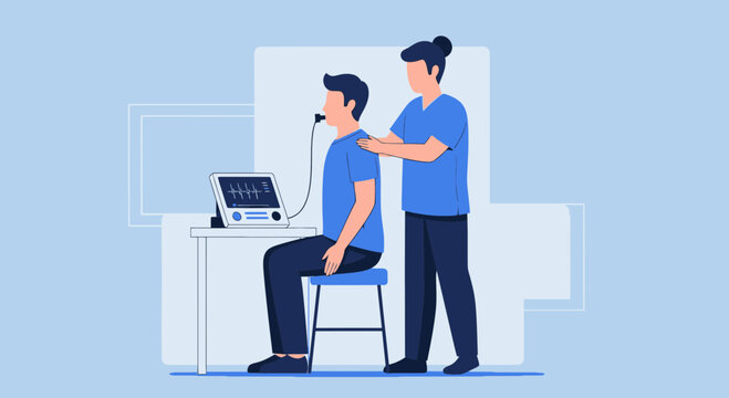Doctor performing lung function test on patient using spirometer in clinic